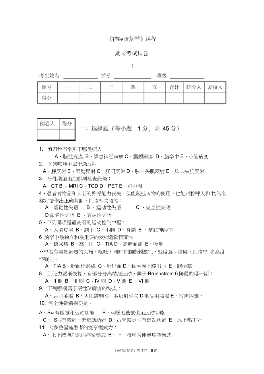 (完整版)神经康复学试卷.docx_第1页