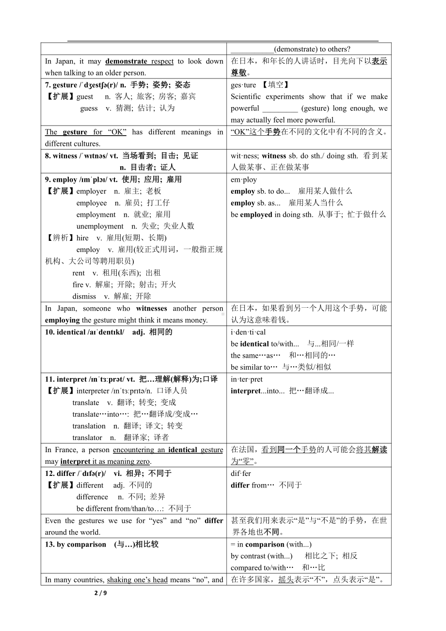 （新教材）人教版（2019）高中英语选择性必修第一册Unit 4 Body Language 词汇讲义（无答案） .doc_第2页