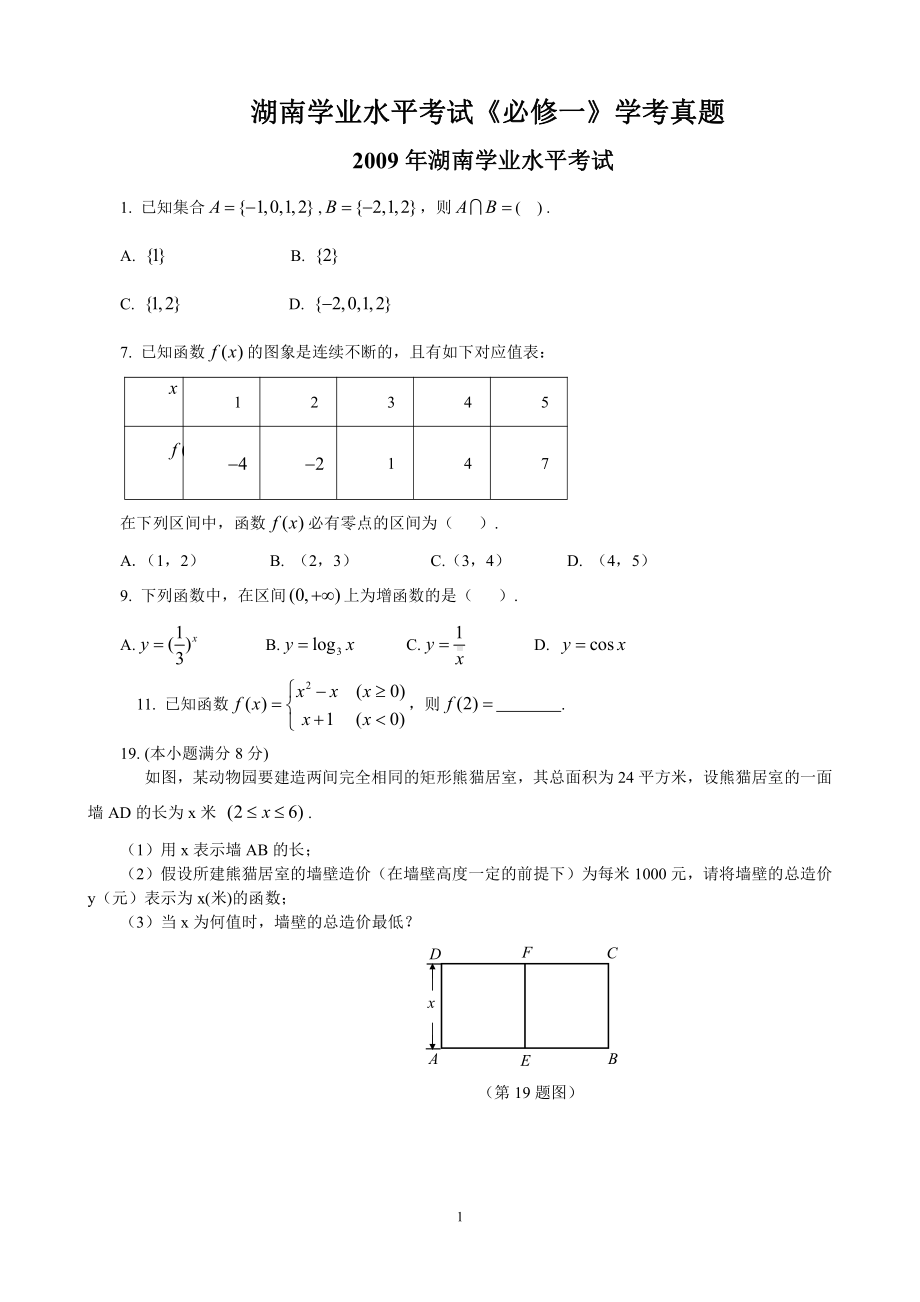 （真题）2009年至2018年湖南学业水平考试真题必修一部分.doc_第1页