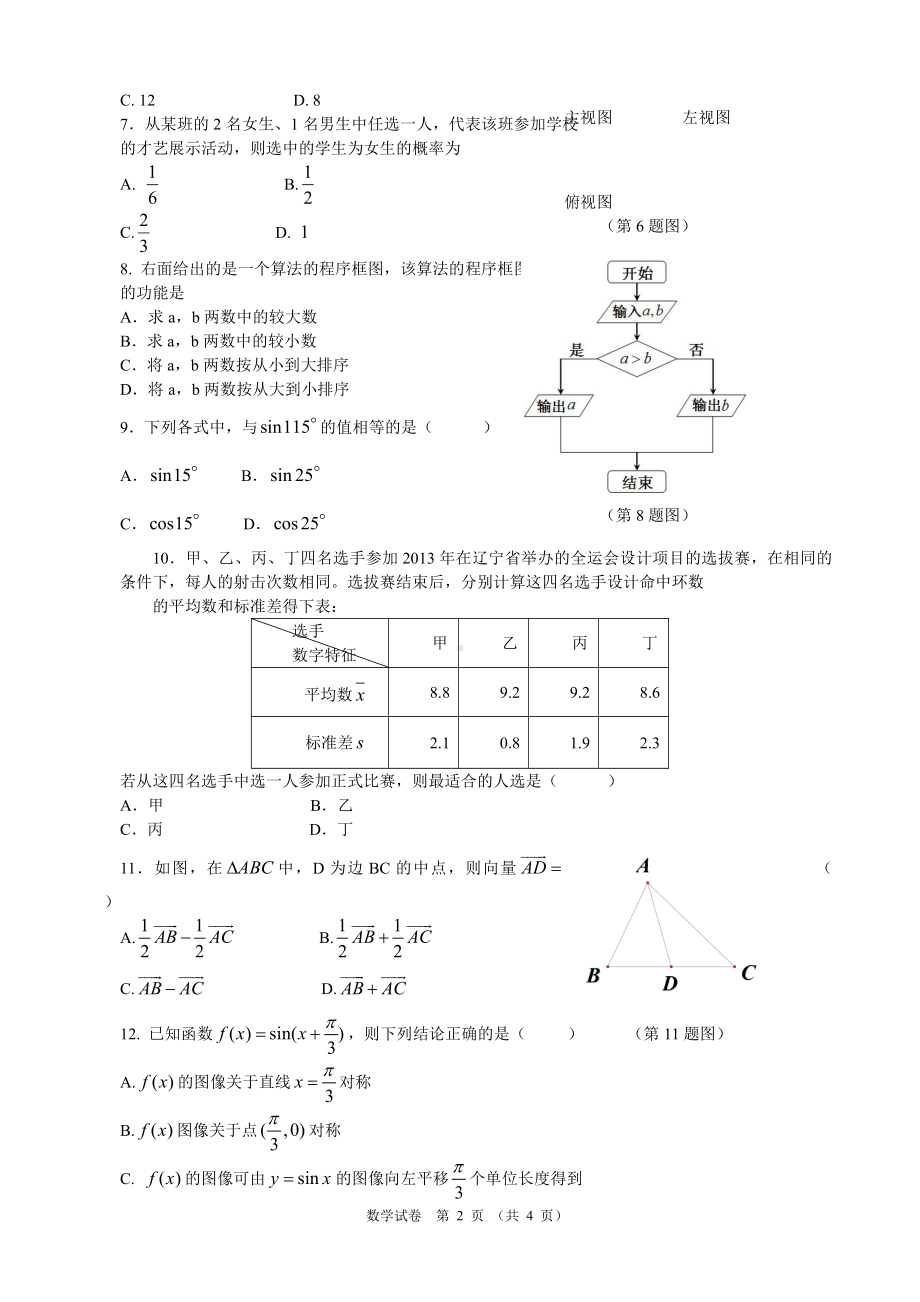 （真题）2013年辽宁省普通高中学生学业水平考试数学试卷(word版).doc_第2页