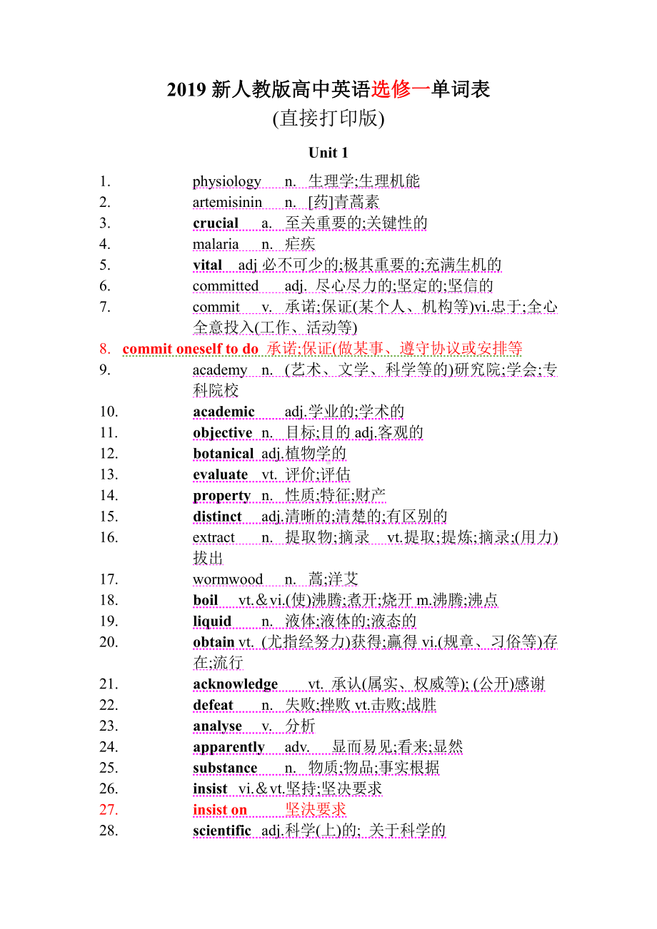 （新教材）人教版（2019）高中英语选择性必修第一册单词表Unit 1（打印版).docx_第1页