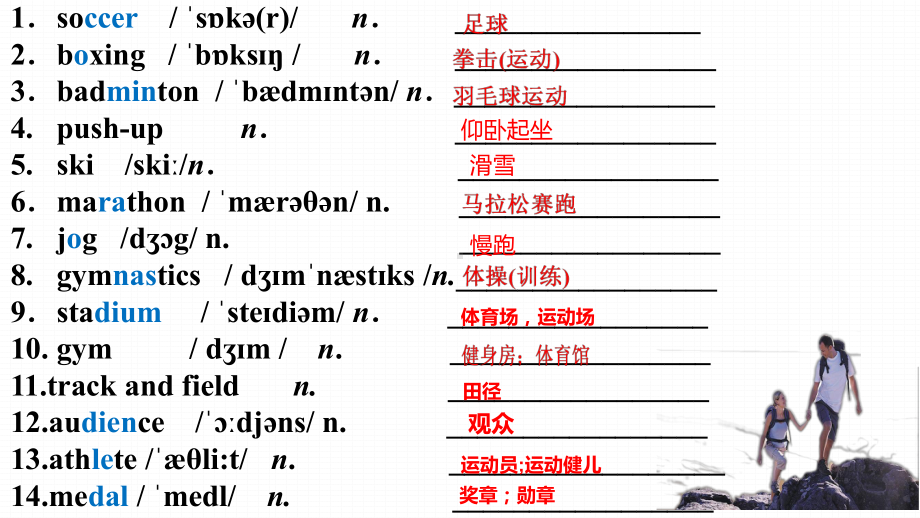 （新教材）人教版（2019）高中英语必修第一册Unit3 Sports and fitness Vocabulary 词汇ppt课件.pptx_第2页