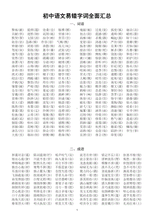 初中语文《易错字词》全面汇总（直接打印每生一份熟记）.doc