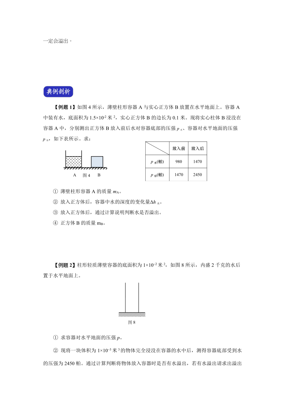 上海市中考物理（真题+模拟题）压轴题专题：06压强计算题（4）第四部分 在薄壁柱形容器里加物体浸没后判断是否有液体溢出（学生版+解析版）.docx_第2页