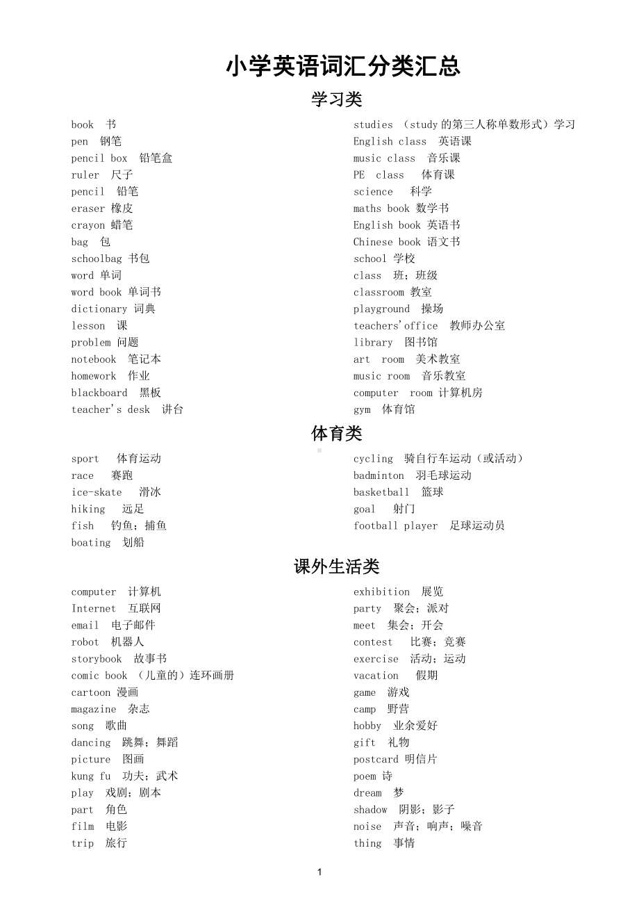 小学英语《词汇》分类汇总（直接打印每生一份熟记）.doc_第1页