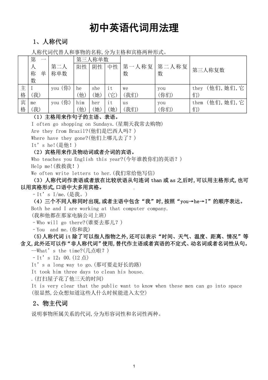 初中英语代词用法汇总（共9类附例句）（最全整理）.doc_第1页