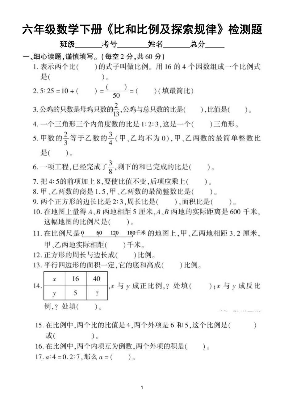 小学数学冀教版六年级下册《比和比例及探索规律》专项检测卷（含答案）.doc_第1页