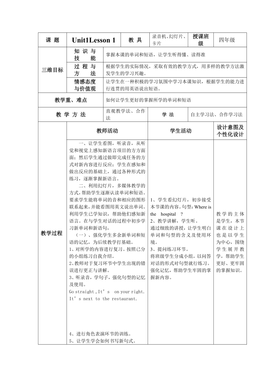 人教版（新起点）四年级下册Unit 1 My neighbourhood-Lesson 1-教案、教学设计-公开课-(配套课件编号：914d4).docx_第1页