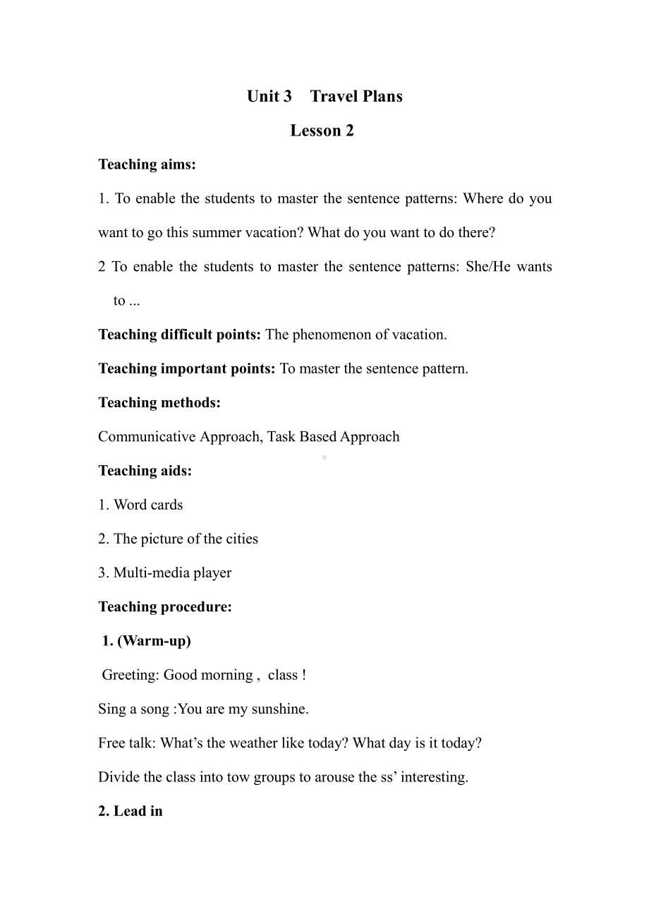 人教版（新起点）四年级下册Unit 3 Travel Plans-Lesson 2-教案、教学设计-公开课-(配套课件编号：402ff).doc_第1页