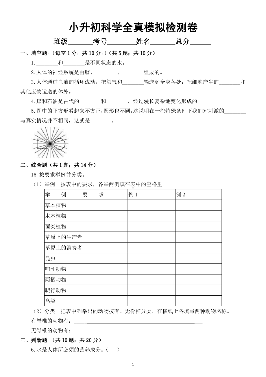 小学科学小升初全真模拟检测卷5（附答案）.docx_第1页