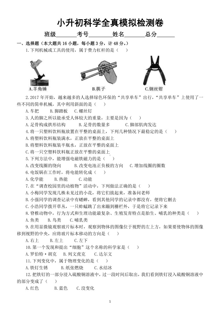 小学科学小升初全真模拟检测卷1（附答案）.docx_第1页