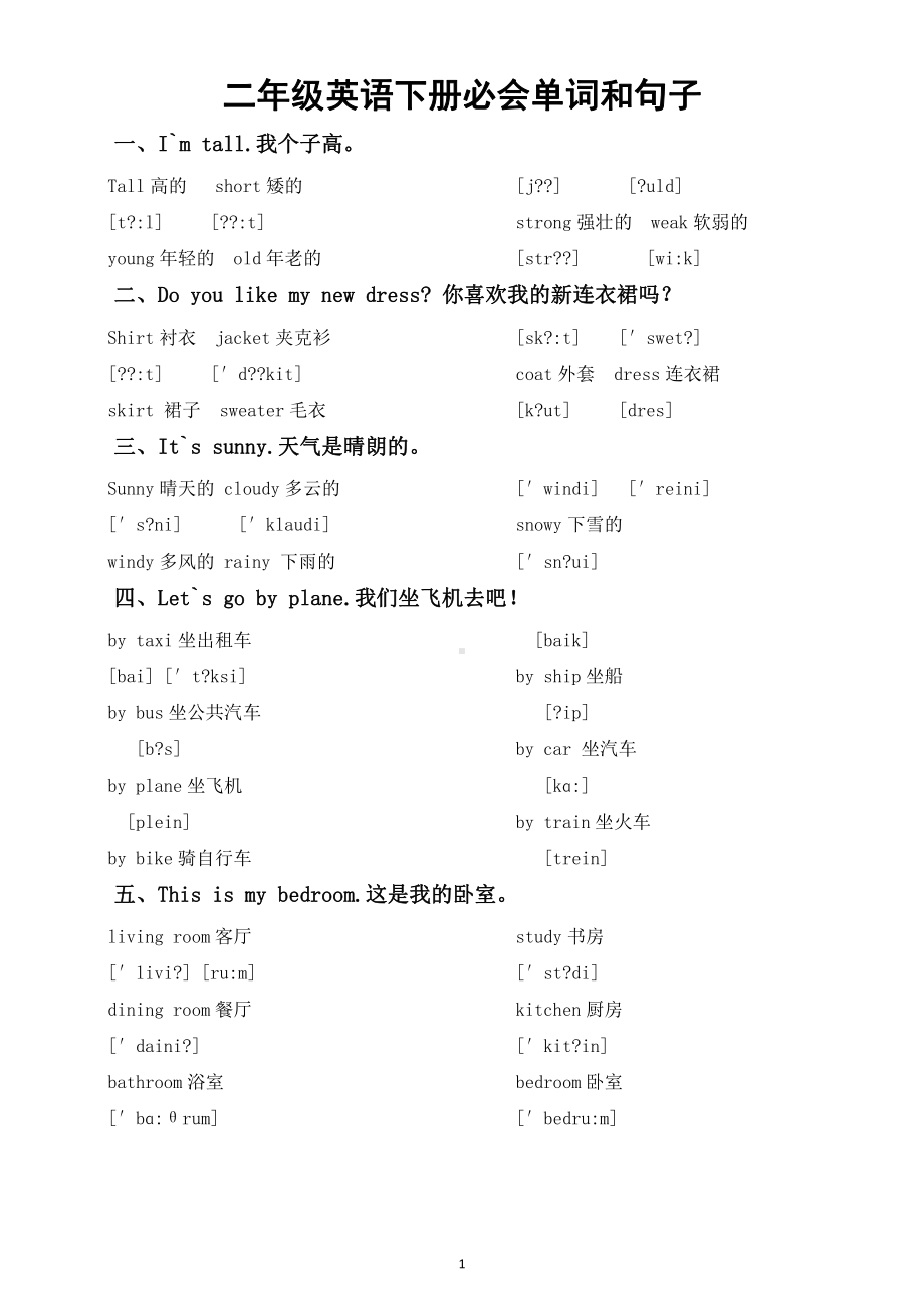 小学英语二年级下册必会《单词和句子》（期末复习必看）.docx_第1页