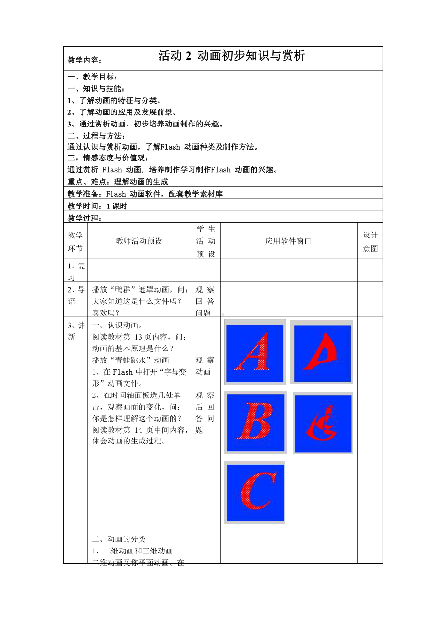 2021新人教版八年级下册《信息技术》 第1章 活动2 动画初步知识与赏析 教案.docx_第1页