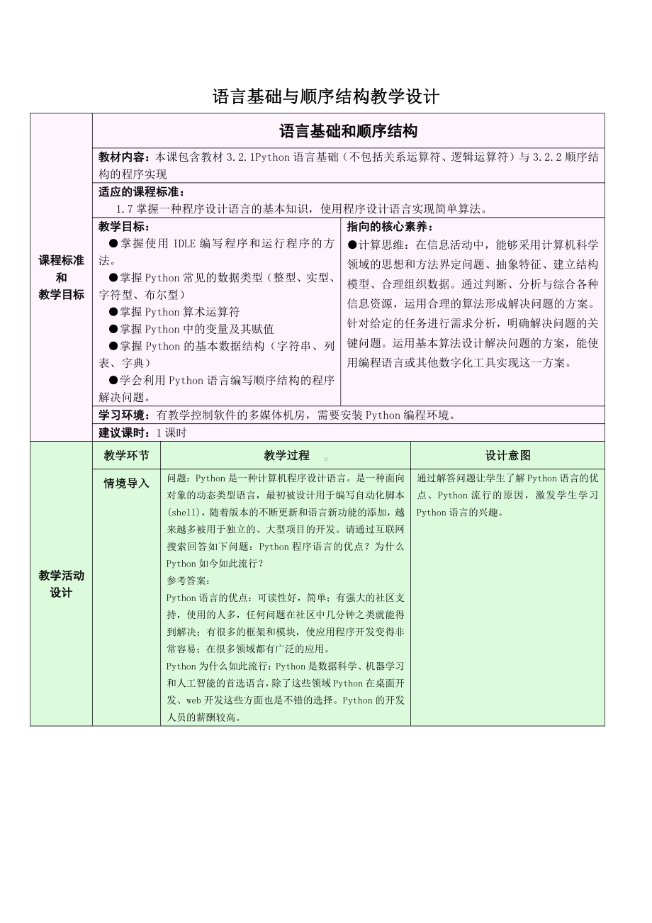 （2021）新浙教版 高中信息技术 必修1 数据与计算 3.2.1-3.2.2 Python语言程序设计-语言基础与顺序结构 教学设计.docx_第1页