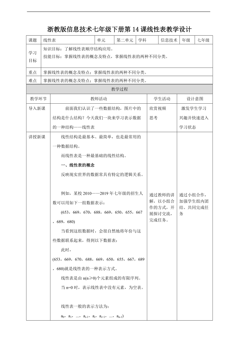 （精）2021新浙教版七年级下册《信息技术》第二单元第14课 线性表ppt课件（含教案）.zip