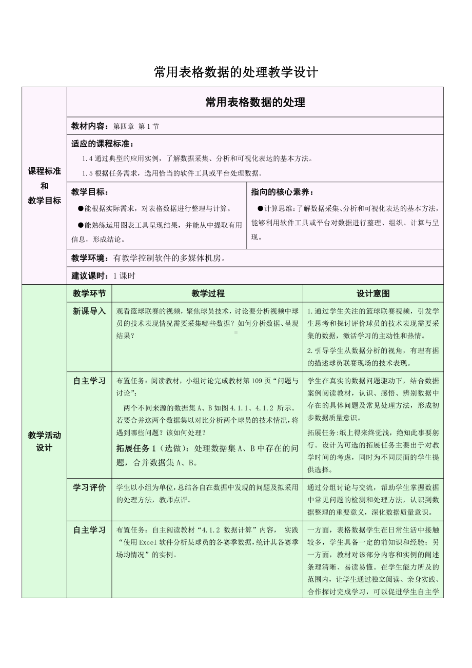 （2021）新浙教版 高中信息技术 必修1 数据与计算 4.1 常用表格数据的处理 教学设计.docx_第1页