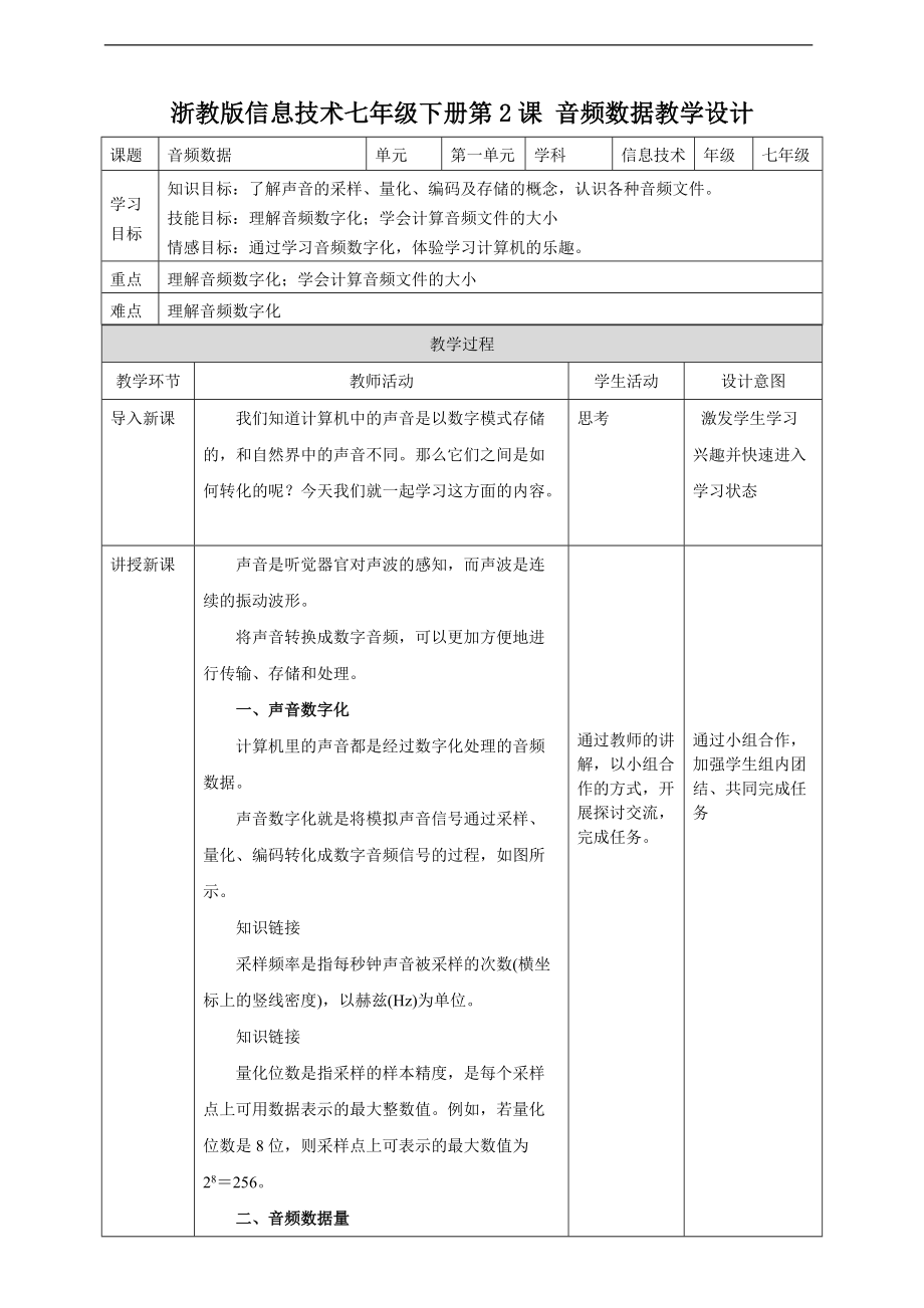 （精）2021新浙教版七年级下册《信息技术》第一单元第2课 音频数据ppt课件（含教案+视频）.zip