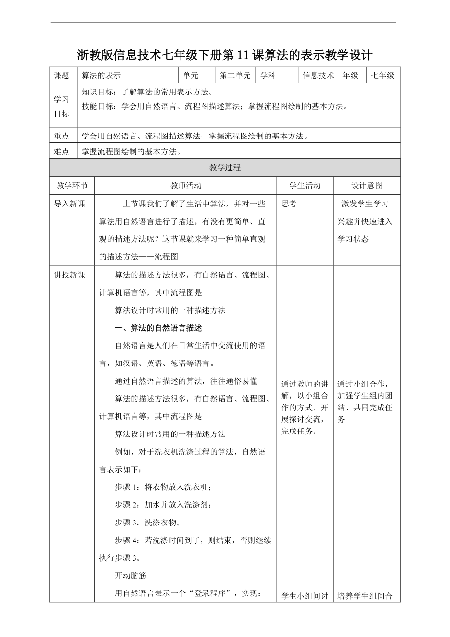 （精）2021新浙教版七年级下册《信息技术》第二单元第11课 算法的表示 ppt课件（含教案）.zip