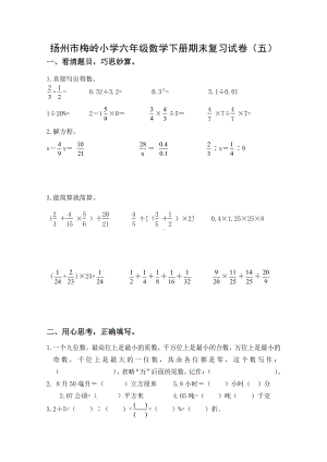 扬州市梅岭小学六年级数学下册小升初复习试卷（五）及答案.doc