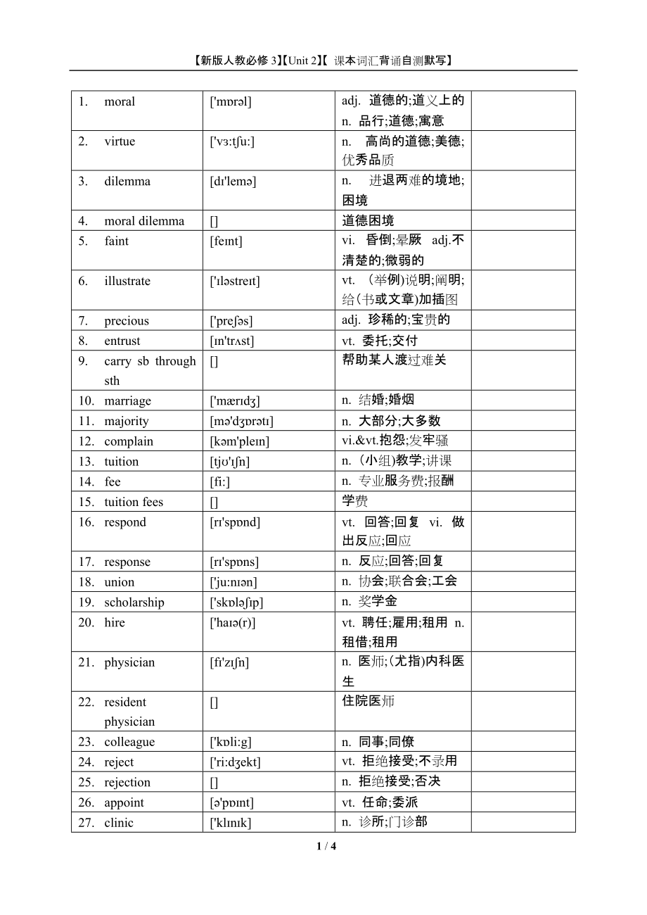 （新教材）（2021）人教版高中英语必修第三册Unit 2课本词汇背诵自测默写（word版+pdf版）.zip