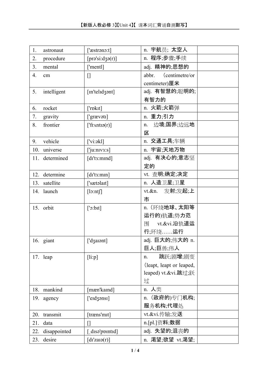 （新教材）（2021）人教版高中英语必修第三册Unit 4课本词汇背诵自测默写（word版+pdf版）.zip