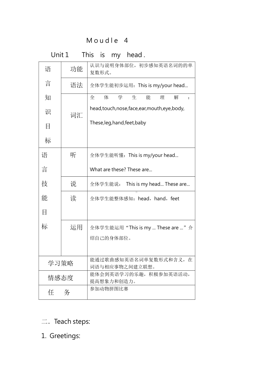 外研版（一起）一年级下册Module 4-Unit 1 This is my head.-教案、教学设计--(配套课件编号：b009e).docx_第1页