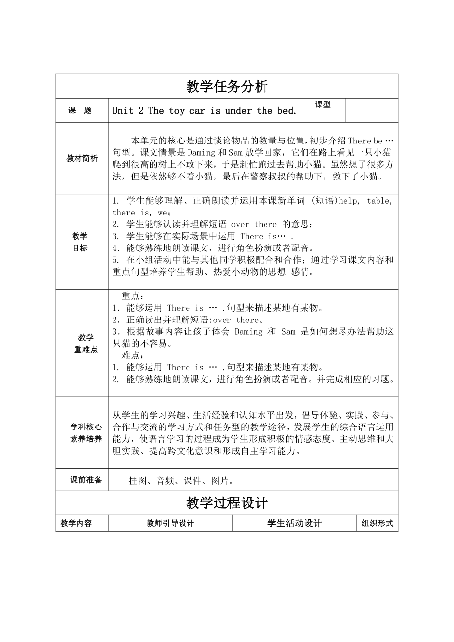 外研版（一起）一年级下册Module 2-Unit 2 The toy car is under the bed.-教案、教学设计--(配套课件编号：11fce).docx_第1页