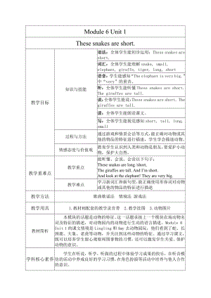 外研版（一起）一年级下册Module 6-Unit 1 That snakes are short.-教案、教学设计-市级优课-(配套课件编号：10010).docx