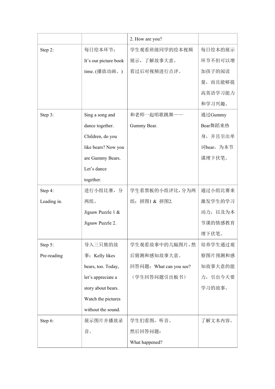 外研版（一起）一年级下册Reading for Pleasure-The Three Bears-教案、教学设计-公开课-(配套课件编号：00642).doc_第2页