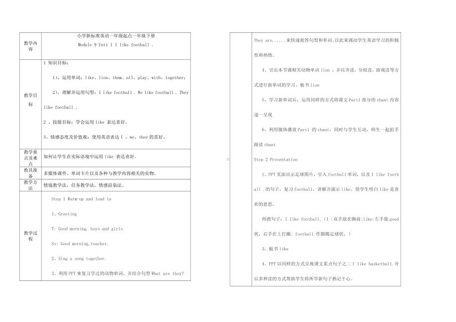 外研版（一起）一年级下册Module 9-Unit 1 I like football.-教案、教学设计-市级优课-(配套课件编号：a0d10).doc_第1页