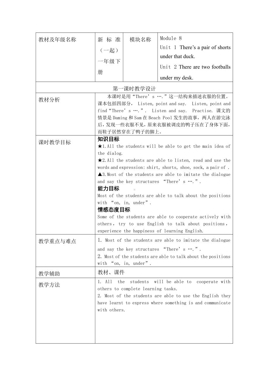 外研版（一起）一年级下册Module 8-Unit 1 There's a pair of shorts under that duck.-教案、教学设计--(配套课件编号：a0237).docx_第1页