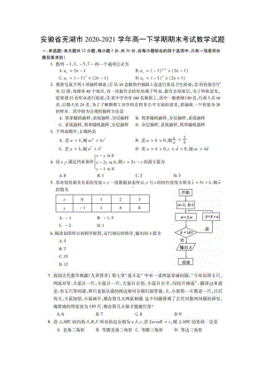 安徽省芜湖市2020-2021高一下学期数学期末考试数学试题（及答案）.doc