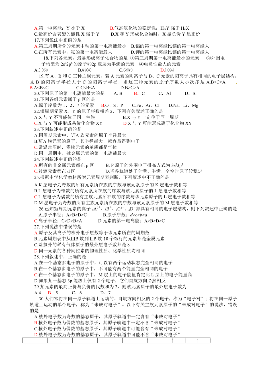 高中化学选修3选修3第1章《原子结构与性质》单元测试题.doc_第2页