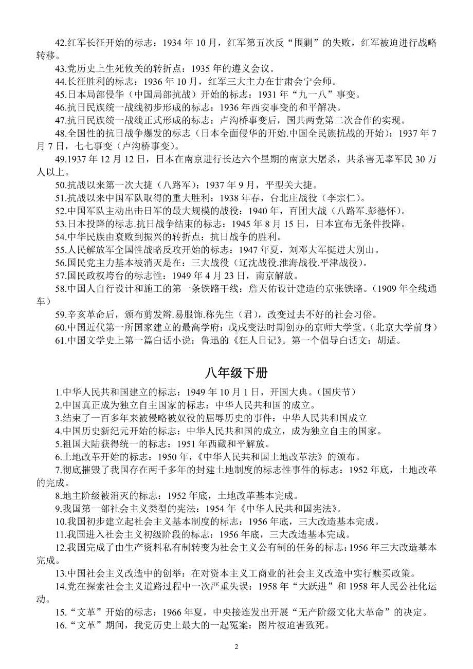 初中历史八年级上下册常考《标志性事件》汇总（直接打印每生一份熟记）.docx_第2页