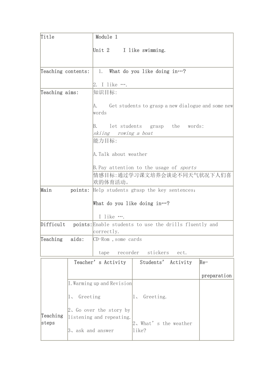外研版（一起）二年级下册Module 1-Unit 2 I like swimming.-教案、教学设计--(配套课件编号：91f11).docx_第1页