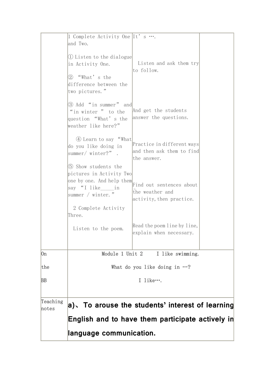 外研版（一起）二年级下册Module 1-Unit 2 I like swimming.-教案、教学设计--(配套课件编号：91f11).docx_第2页