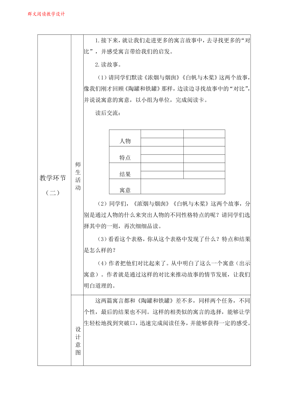 群文阅读教案： 三年级《寓言中的对比》教学设计6页.pdf_第3页