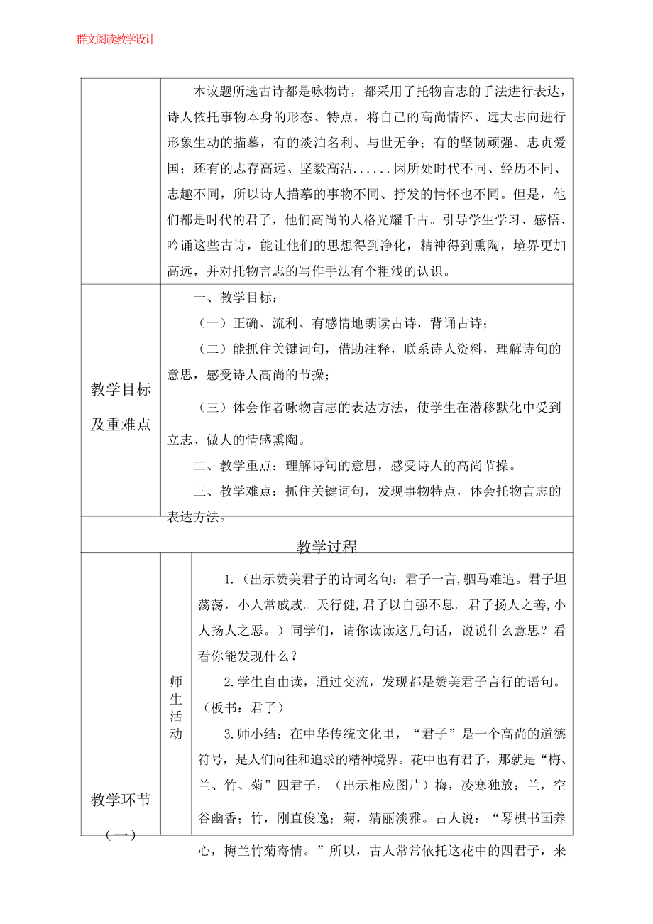 群文阅读教案：四年级《古诗中的君子情怀》教学设计9页.docx_第2页