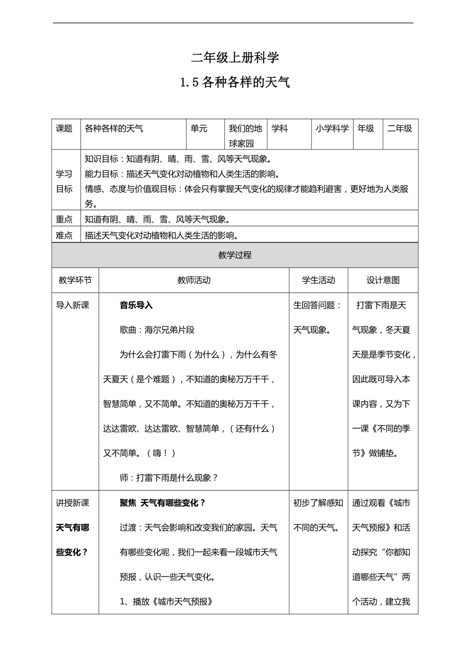 2021新教科版二年级上册科学1.5 各种各样的天气 ppt课件（含教案+视频等素材）.zip