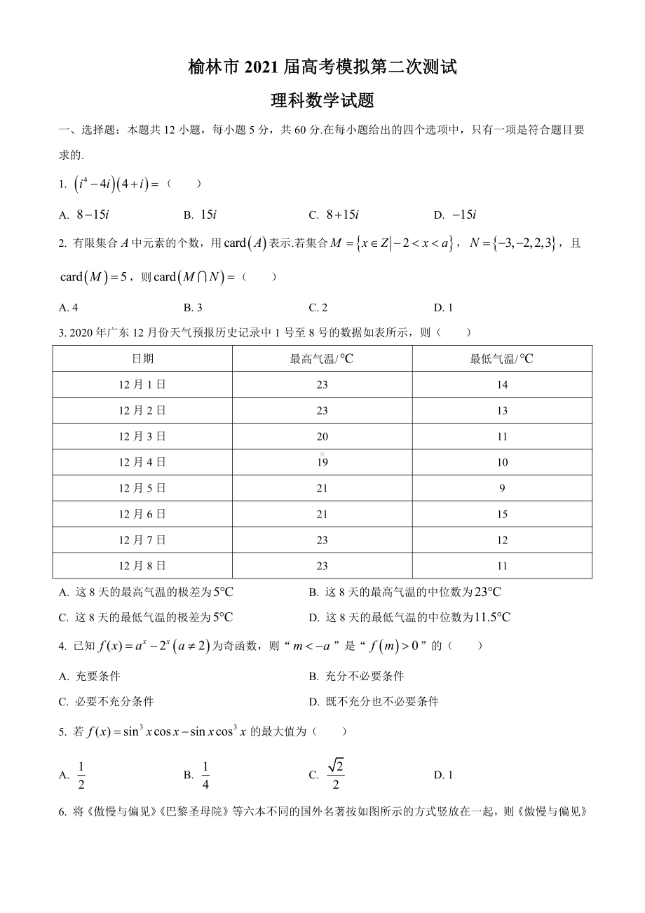 2021届陕西省榆林市高三下学期第二次高考模拟测试 理科数学试题.doc_第1页