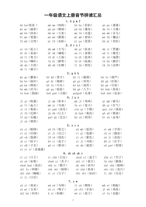 小学语文部编版一年级上册《音节拼读》汇总（共13类直接打印每生一份熟读熟记）.docx