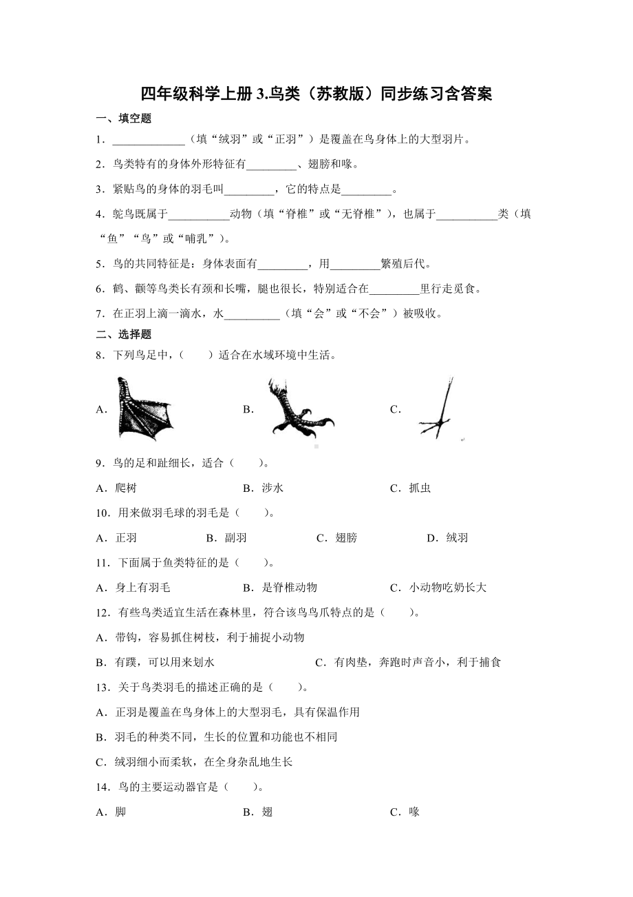 2021新苏教版四年级上册科学1.3鸟类 一课一练（含答案；精品同步练习题）.docx_第1页