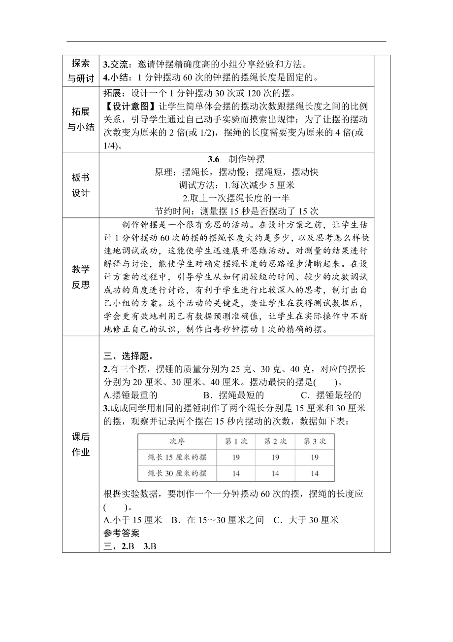 2021新教科版五年级上册科学3.6 制作钟摆 教案、教学设计（含教学反思表格式）.DOCX_第3页