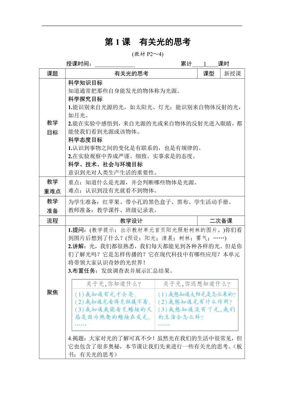 2021新教科版五年级上册科学1.1 有关光的思考 教案、教学设计（含教学反思表格式）.DOCX_第2页