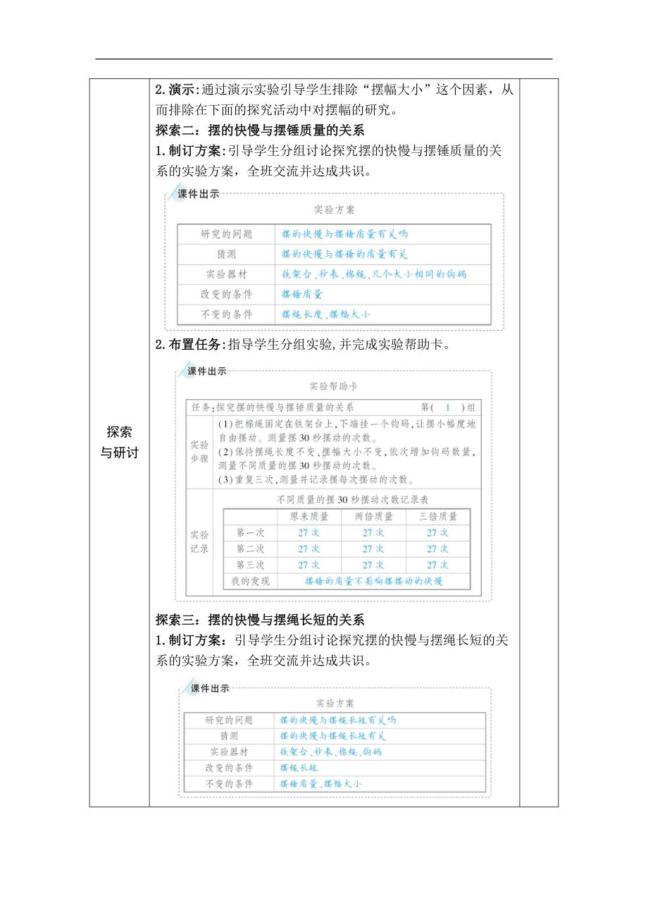 2021新教科版五年级上册科学3.5 摆的快慢 教案、教学设计（含教学反思表格式）.DOCX_第2页