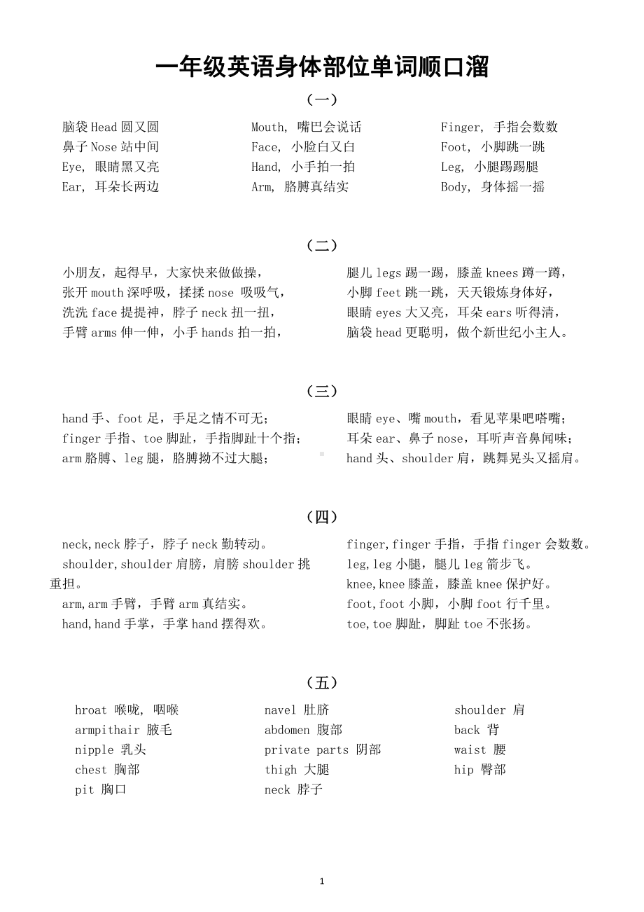 小学英语一年级《身体部位单词》顺口溜（直接打印每生一份熟读熟记）.doc_第1页