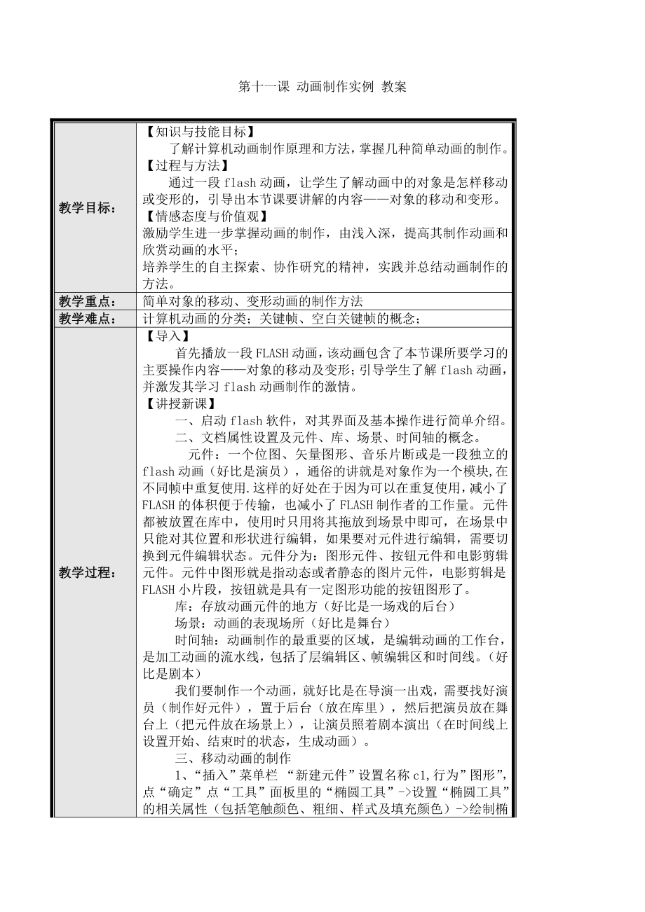 黔教版第七册信息技术第十一课 动画制作实例 教案.doc_第1页