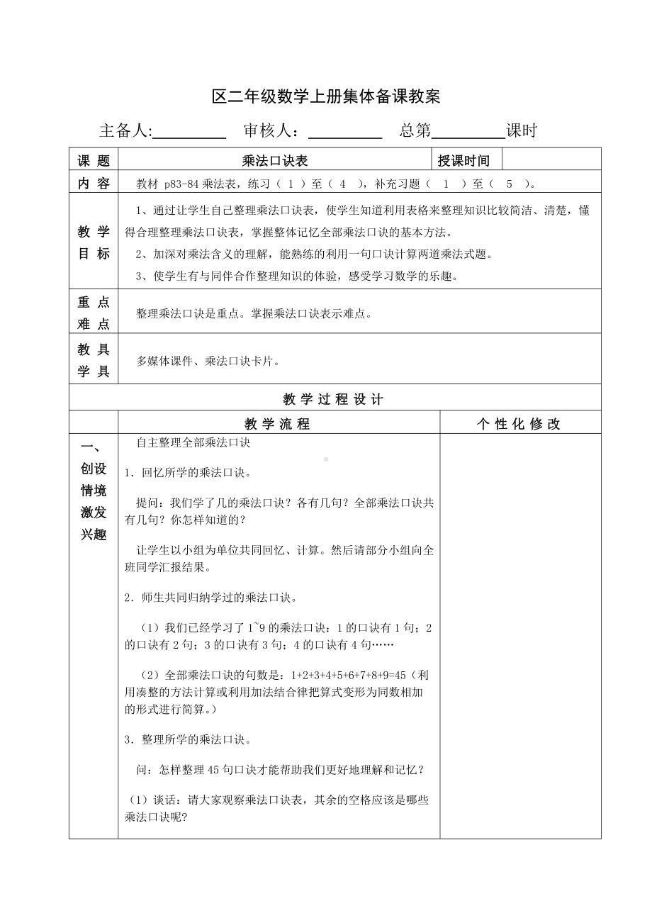 苏教版南京二年级数学上册6-10《乘法口诀表》教案.doc_第1页