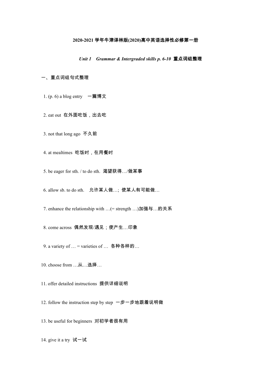 （2021新）牛津译林版高中英语选修一Unit 1 Grammar & Intergraded skills p. 6-10重点词组整理及练习 （含答案）.docx_第1页