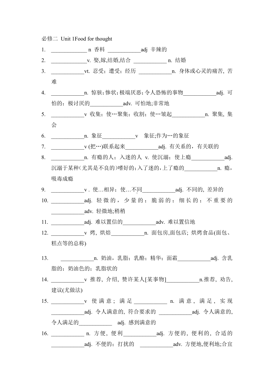 （2019新教材）外研版高中英语必修二Unit1 Food for thought 词性转换（含答案）.docx_第1页